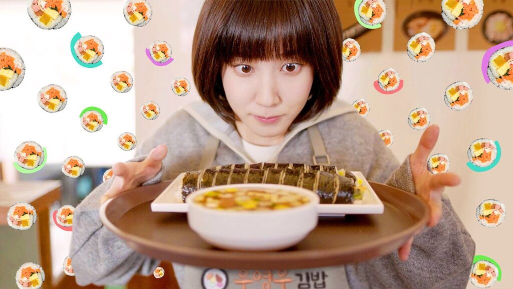 Park Eun-bin com uma bandeja de kimbap em Uma Advogada Extraordinária